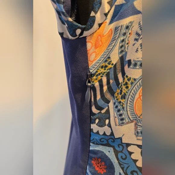 Desigual royal blue print dress rouched cap sleeve sz 44 - Picture 4 of 10